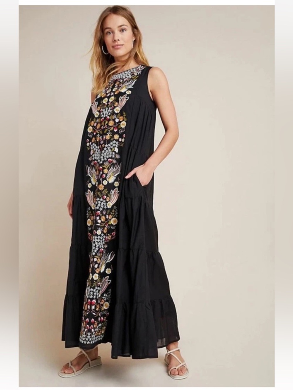 Anthropologie Jacaranda Tiered Maxi Dress Embroidered Floral Black Sz 6 NWT - Picture 2 of 16